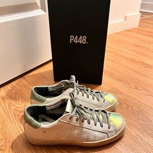 P448 White and Green Sneakers with Glitter Toe